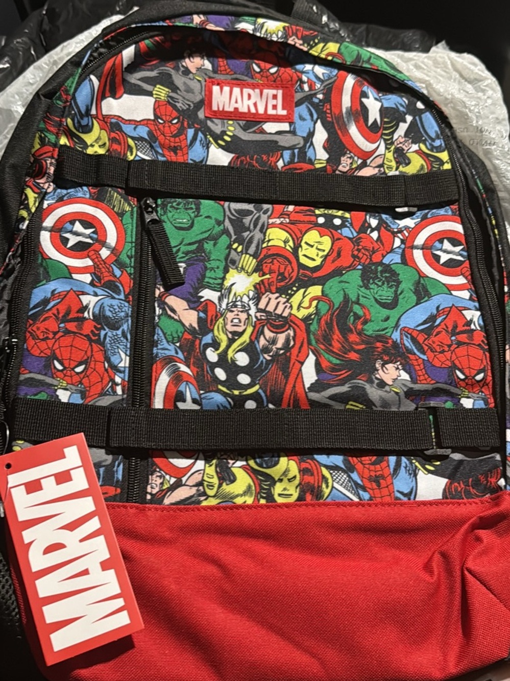 Marvel Multicolor Superhero Print Backpack with Red Base